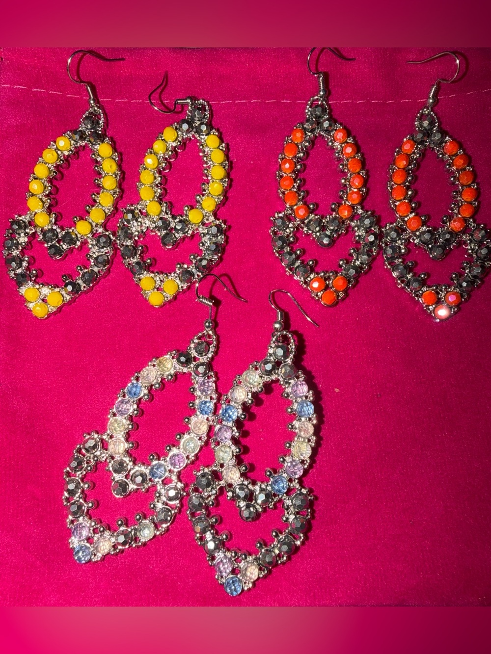 Sassy Jones Vintage Malia Yellow, Orange & Pastel Crystal Teardrop Earring Set.